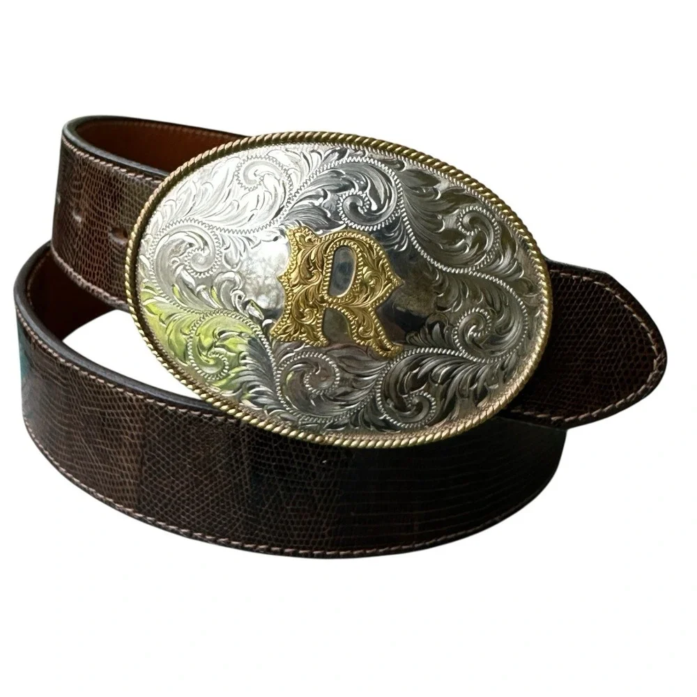 VTG Kenny Rogers Lizard Leather Belt Men‎ 33-37 Inch Montana Silversmiths Buckle